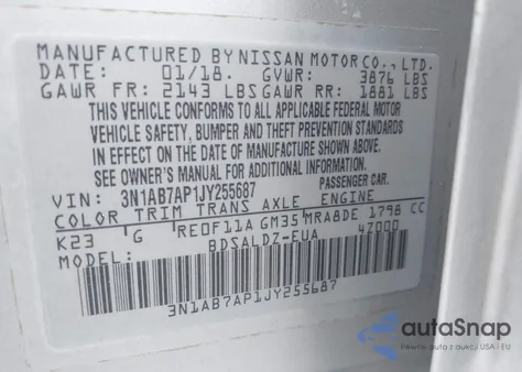 2018 Nissan Sentra Sv z USA, uszkodzony, nr VIN 3N1AB7AP1JY255687